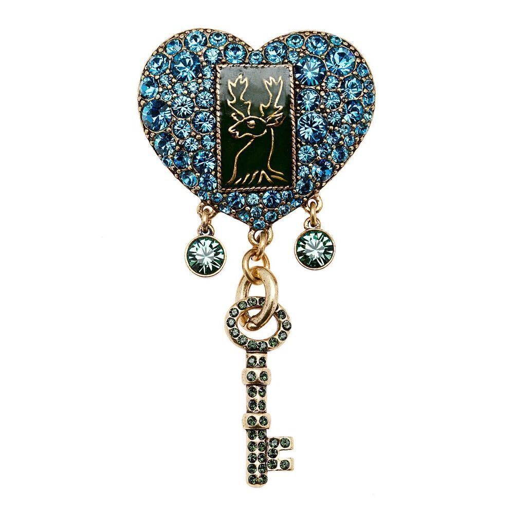 Pilgrim Skanderborg Blue Crystal Heart With Dangling Goldtone and Crystal Brooch